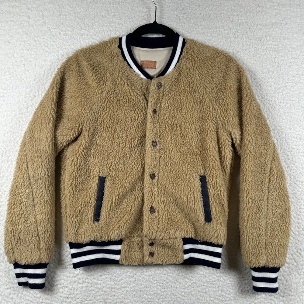 MOTHER The Letterman Sherpa Varsity Jacket Tan Teddy Fleece Bomber Preppy Cozy
